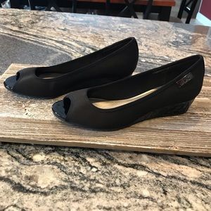 Anne Klein Sport black open toe wedge, size 8 1/2